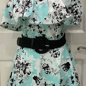 R WISH Aqua, black, white, floral summer dress. Junior size XL.